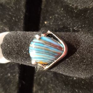 Blue Stripped Stone Silver Ring Size 6